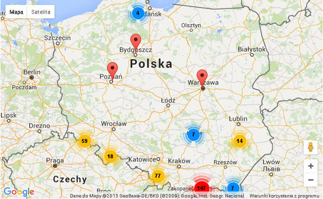 Mapa Polski z kamerami na stokach